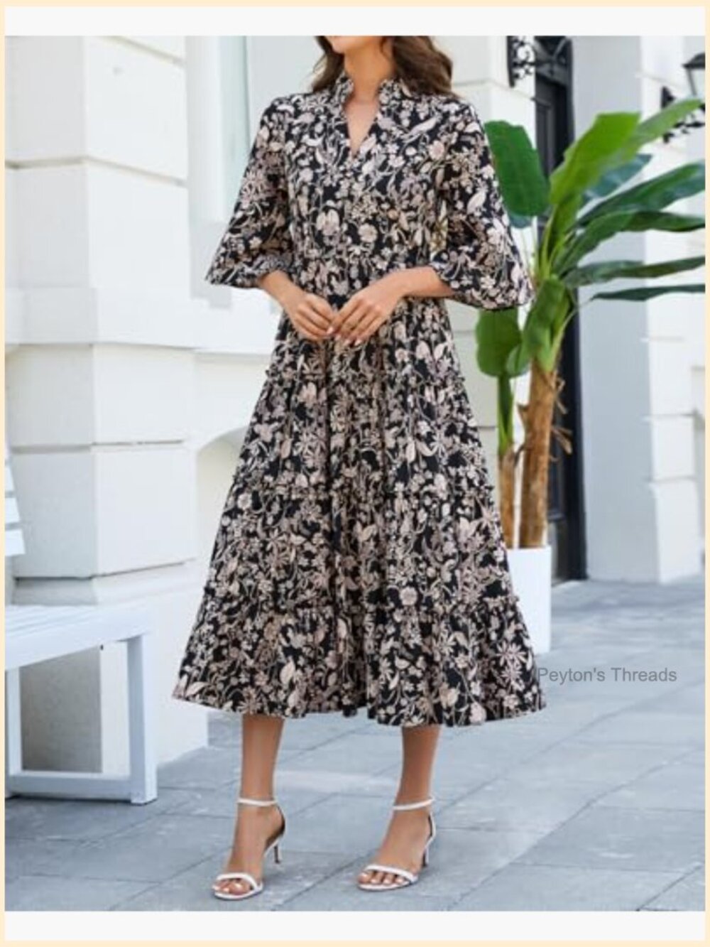 Women's Floral Ruffle Midi Dress V Neck Bell Sleeve Flowy Tiered Long Dress - Picture 3 of 7
